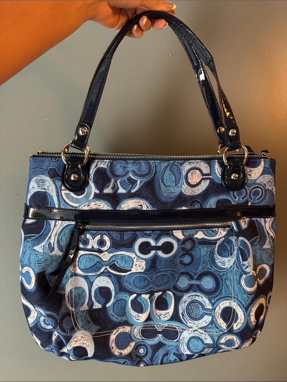 Coach Blue Patterned Patent-Trim Tote